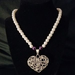 Silver Heart Pendant Pearl Necklace